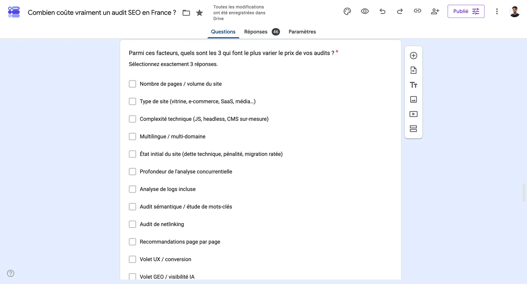 Capture du formulaire d'enquête envoyé aux prestataires pour recueillir leurs tarifs et pratiques d'audit SEO